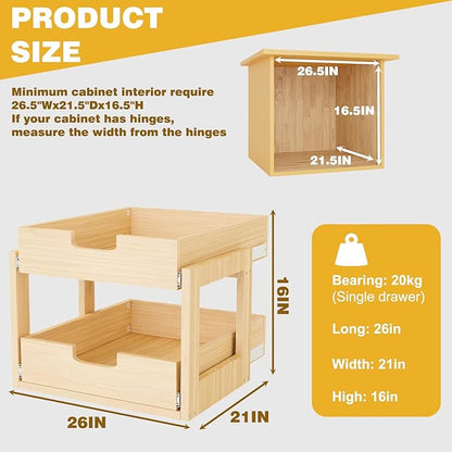 Pull Out Cabinet Organizer, 26''W×21''D×16''H Soft Close Slide Out Wooden Pull out Drawers, Double Tier Slide out Wood Cabinet Organizer, for Base Cabinet Organization in Kitchen, Pantry, Bathroom