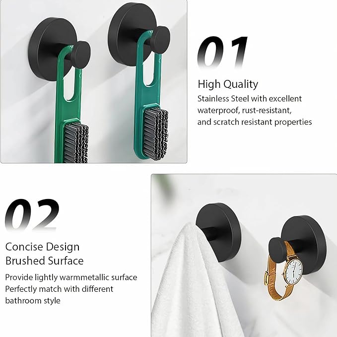 BRMUEIX 4 Pack Shower Hooks Suction Cup Shower Hooks Bathroom Hooks Suction Wreath Hangers for Front Door Wreath Hangers for Front Door Towel Hook（Black）