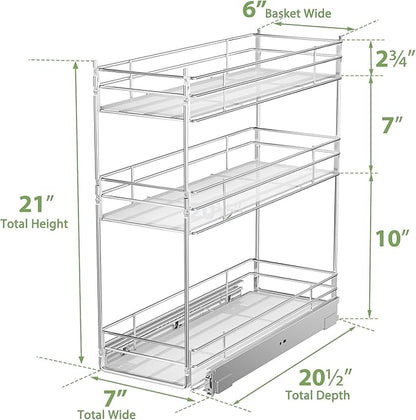 Pull Out Spice Rack Cabinet Organizer (7" W X 20½" D),3 Tier Slide Out Drawer for Narrow Cabinet, Pull Out Shelves Under Cabinet Storage for Kitchen