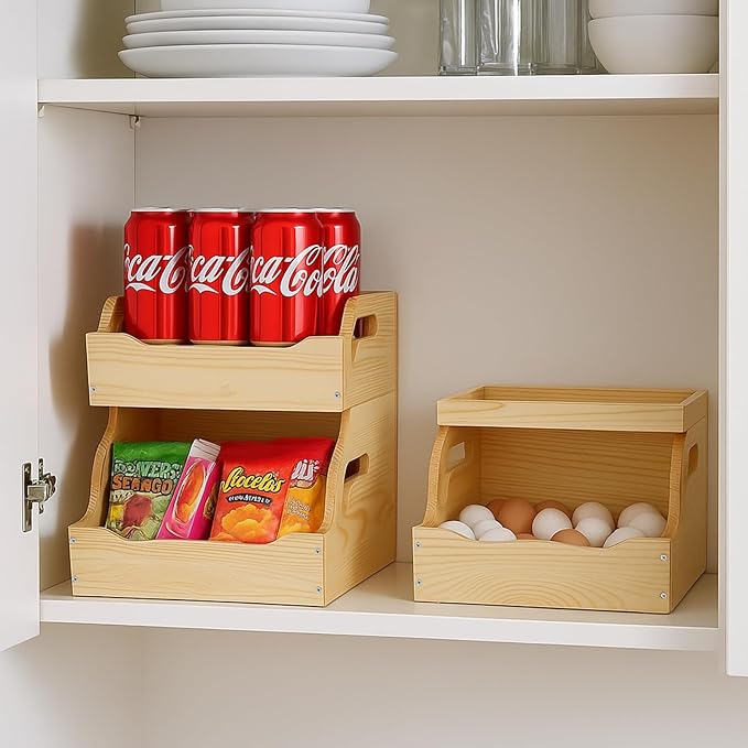 Wood Potato Onion Storage Bin, Stackable Pantry Organizer, Open Front Kitchen Produce Storage with Anti-slip Mat, 3 Tier Countertop Snack Food Container for Fruit Vegetable Bread, Set of 3