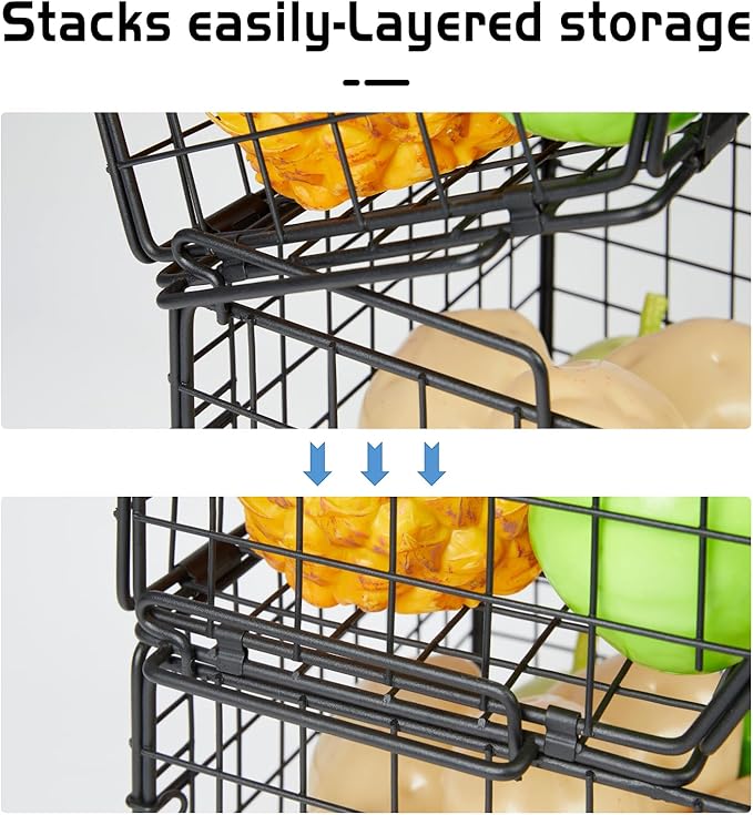 2 Tier Stackable Wire Basket-Kitchen Counter, Pantry Organization and Storage - Cabinet, Countertop Space Saving Organizing - Produce, Fruit, Vegetable,Onion, Potato, Bread Organizer Bin