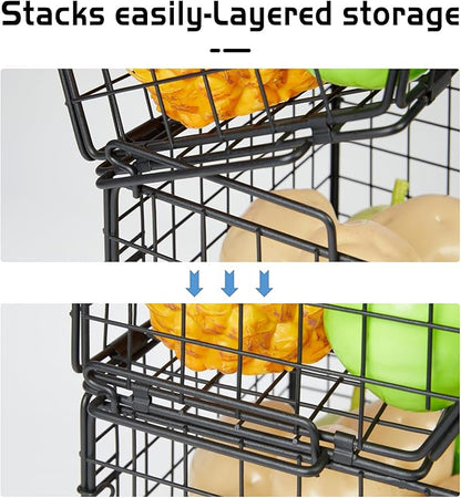 X-cosrack 3-Tier Stackable Wire Baskets for Pantry Organization and Storage, Kitchen Counter Basket for Potato Onion Storage, Fruit and Vegetable Storage Basket, Metal Baskets for Snack Produce Cans