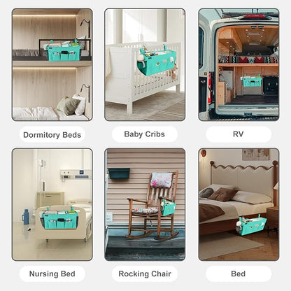 Surblue Bedside Organizer with Hook Hanging Storage Bag with Adjustable Strap and Water Bottle Holder for Home, College Dorm, Hospital Accessories, Crib Bed Rail, Green, 2PCS