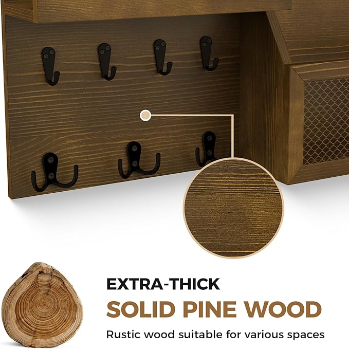 Key Holder Wall Mount Pine Wood 16 X 8 Mail Organizer Key Rack for Wall with Hooks and Shelf, Rustic Wooden Key Hanger for Entryway Rustic, Brown
