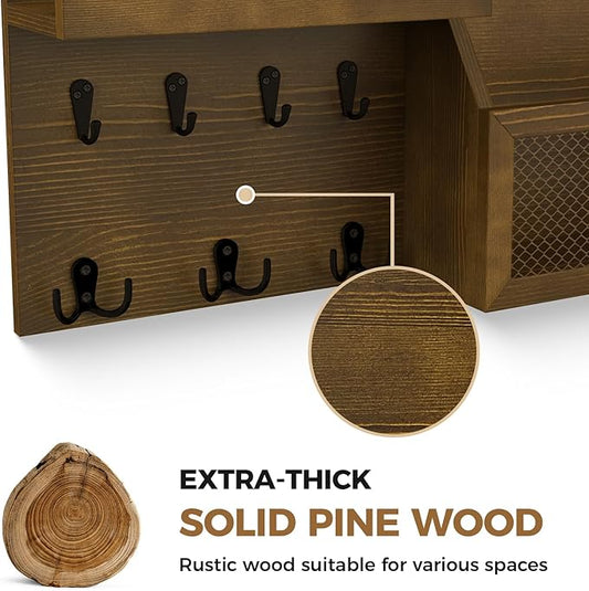 Key Holder Wall Mount Pine Wood 16 X 8 Mail Organizer Key Rack for Wall with Hooks and Shelf, Rustic Wooden Key Hanger for Entryway Rustic, Brown