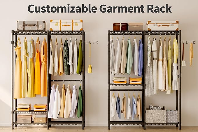 Heavy Duty Garment Rack, Metal Freestanding Closet Wardrobe Clothes Racks for Hanging Clothes, 4 Tiers Adjustable Wire Shelving, 44.9'' L x 16.5'' W x 76.8 '' H, Max Load 800LBS, Black