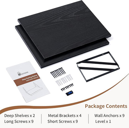 Axeman Deep Floating Shelves for Wall, 16W x 12D Black Floating Shelves Set of 2, 12 Inch Deep Large Wall Mounted Shelves for Living Room Bedroom Bathroom