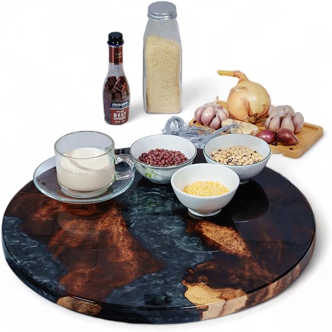 Handmade Reversible 16" Wood and Epoxy Resin Lazy Susan, Turntable for Kitchen Countertop, Rotating Display Stand, Organizer and Storage for Dining Table, Cup Board, Home Decor (Grey)