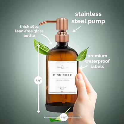 Vine Creations Amber Glass Soap Dispenser, 2 Pack Kitchen Soap Dispenser Set with Stainless Steel Pump, 16 oz Dish Soap and Hand Soap Dispensers for Bathroom with Waterproof Labels