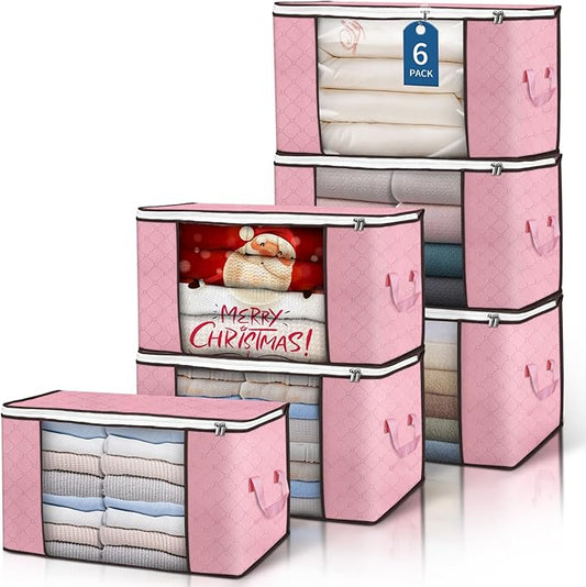 Budding Joy 90 L Large Storage Bags, 6 Pack Clothes Bins Foldable Closet Organizer Containers for Blanket, Comforters, Bed Sheets, Pillows (Pink)