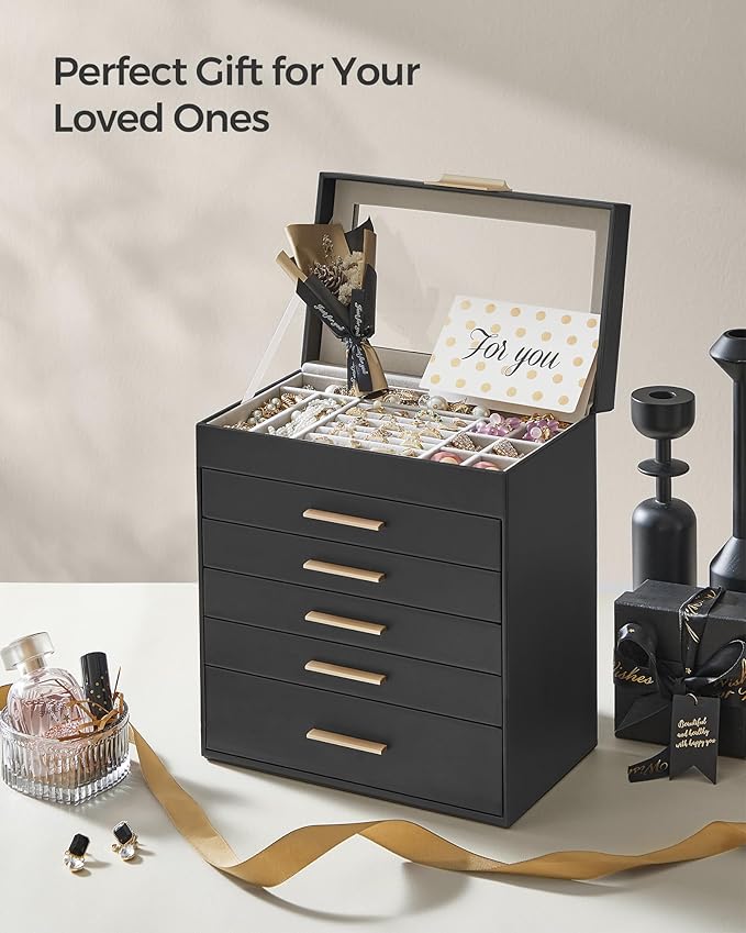 SONGMICS Jewelry Box Organizer with Glass Lid, 6-Layer Jewelry Storage, with 5 Drawers, Modern Style, 6.4 x 9.9 x 11.4 Inches, Graphite Black and Gold Color UJBC171B01