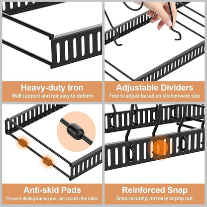 Housolution Pot and Pan Organizer Rack for Cabinet, Expandable Pot Lid Organizer Holder with 14 Adjustable Dividers, Fully Expanded Size 22.83" W x 7.09" D x 7.09" H, Black