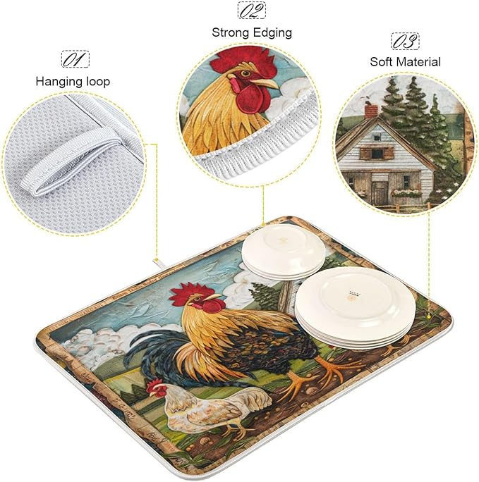 ZzWwR Rural Farm Painting House Rooster and Hen Absorbent Dish Drying Mat Microfiber Kitchen Countertop Table Protector Multi-Purpose Counter Rack Sink Drainer Pad (16" x 18)