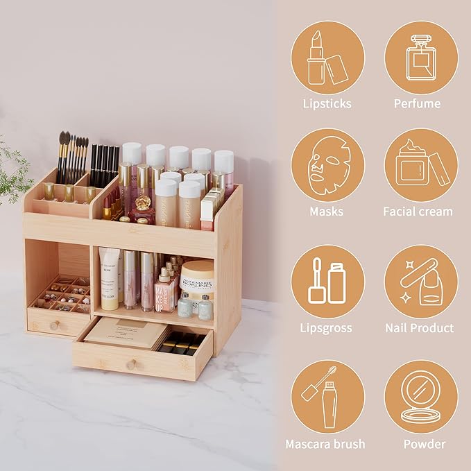 LONTAI Bamboo Makeup Organizer with Drawers, Cosmetic Storage for Lipstick Organizer Beauty Holder Skincare Organizer for Dresser Vanity Bathroom Countertop, No Assembly Required (Natural)