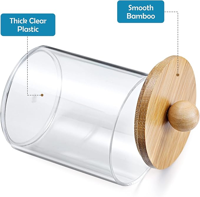 2 Pack Qtip Holder Dispenser with Bamboo Lids - 10 oz Clear Plastic Apothecary Jar Containers for Vanity Makeup Organizer Storage - Bathroom Accessories Set for Cotton Swab, Ball, Pads, Floss