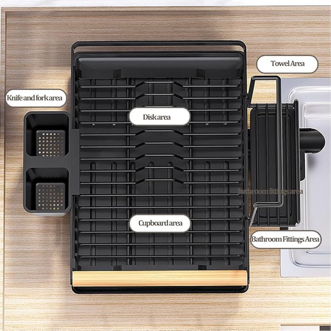Dish Drying Rack for Kitchen Counter - Dish Drying Rack with Tray, Drying Rack for Kitchen Sink with Utensil Holder Swivel Spout, Black