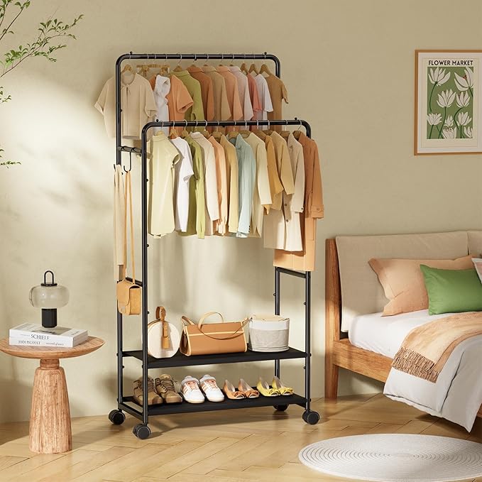 Simple Trending Heavy Duty Clothes Rack, Rolling Clothing Rack for Hanging with 2 Fabric Shelves, Portable Garment Rack Load 400 LBS, Black