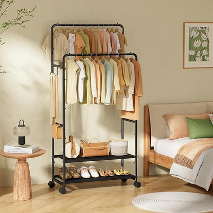 Simple Trending Heavy Duty Clothes Rack, Rolling Clothing Rack for Hanging with 2 Fabric Shelves, Portable Garment Rack Load 400 LBS, Black