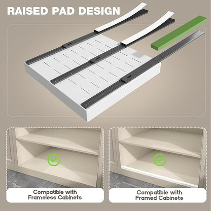 Seinloes 2 Pack Pull Out Cabinet Organizer 22" Deep,Full Extension 3 Slide Rails Slide Out Drawers With Raising Pad for Framed Cabinets,Expandable Width (12.3"-20.5"),No Drill Roll Out shelf,White