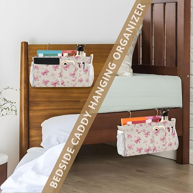 CuwrYet Bedside Caddy Hanging Bunk Bed Caddy Bed Organizer Hanging Pocket with 2 Hooks Bedside Storage Organizer Pocket Bag Holder Pink Cute Bow