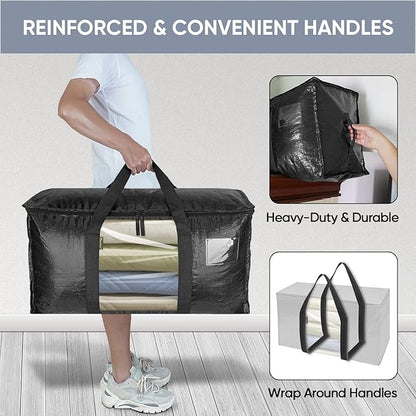 BALEINE 4-Pack Oversized Moving Bags with Reinforced Handles, Heavy-Duty Storage Tote Moving Supplies for Packaging, Camping (Black w/Window, 4-Pack)