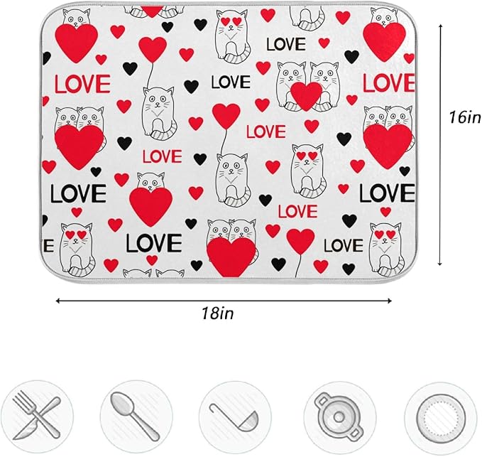 ZzWwR Cute Cats With Hearts Love Valentine's Day Absorbent Dish Drying Mat Microfiber Kitchen Countertop Table Protector Multi-Purpose Counter Rack Sink Drainer Pad (16 x 18 Inches)