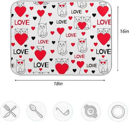 ZzWwR Cute Cats With Hearts Love Valentine's Day Absorbent Dish Drying Mat Microfiber Kitchen Countertop Table Protector Multi-Purpose Counter Rack Sink Drainer Pad (16 x 18 Inches)