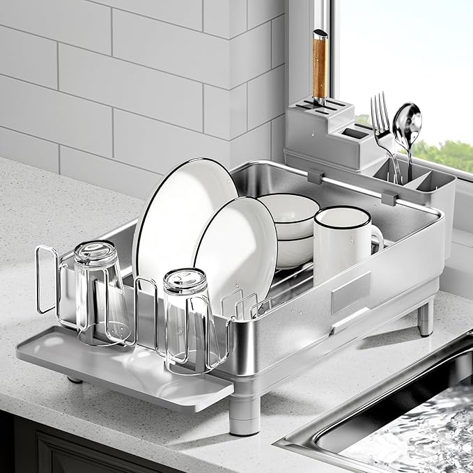 Ewaiira Dish Drying Rack, 304 Stainless Steel Dish Racks for Kitchen Counter, Dish Drainers with Automatic Drainage, Utensil Holder & Cups Holder, Space Saving Kitchen Organizer, Gray