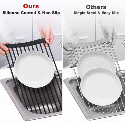 MERRYBOX 20.5" x 13" Roll Up Dish Drying Rack Silicone Wrapped Over The Sink Dish Drying Rack Multipurpose Foldable Sink Drying Mat, Heat-Resistant & Anti-Rust Dish Rack for Kitchen Sink, Large, Black