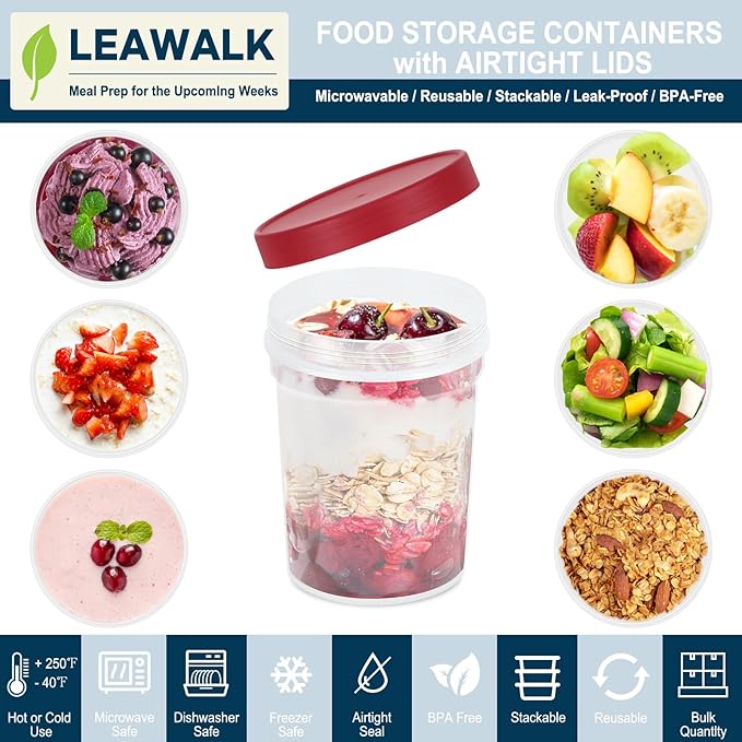 LEAWALK 32 oz Twist Top Soup Deli Freezer Storage Container BPA Free, PP plastic high temperature resistant material, Leak Proof, Stackable, Microwave Dishwasher Safe-3 Pack