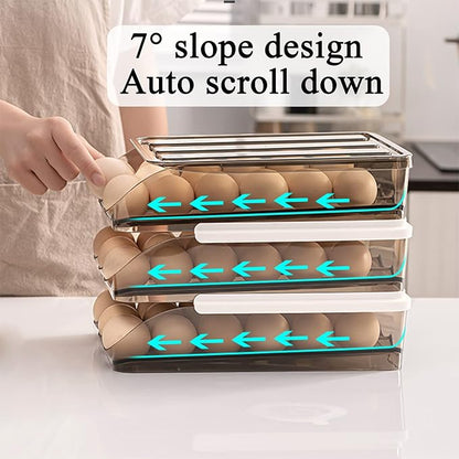 Egg Holder for Refrigerator Auto Scrolling Organizer Plastic Stackable Storage Container Reusable Clear Tray Box Basket Bin Lid Drawer Carrier Keeper(2 Layer)