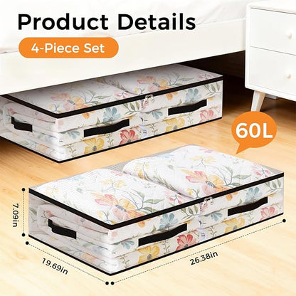 EdenDwell 4 Pack Under Bed Storage Bags, 60L Foldable Clear Storage Containers with Handles, Dual Zippers for Comforter, Clothes, Bedding, Linen Sheets, Sweaters, Blanket Storage