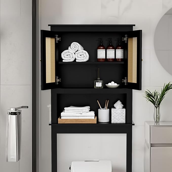 GORZING Over The Toilet Storage Cabinet, Behind Toilet Bathroom Organizer with Adjustable Shelves, Above Toilet Organizers with Barn Door, Space Saver for Restroom, Bathroom, Laundry