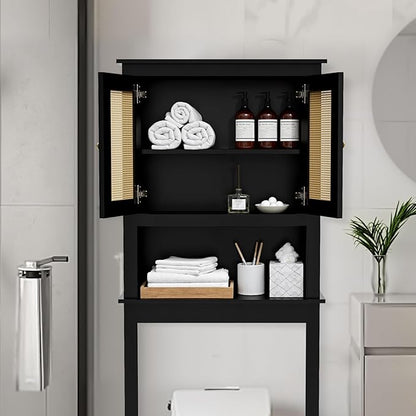 GORZING Over The Toilet Storage Cabinet, Behind Toilet Bathroom Organizer with Adjustable Shelves, Above Toilet Organizers with Barn Door, Space Saver for Restroom, Bathroom, Laundry