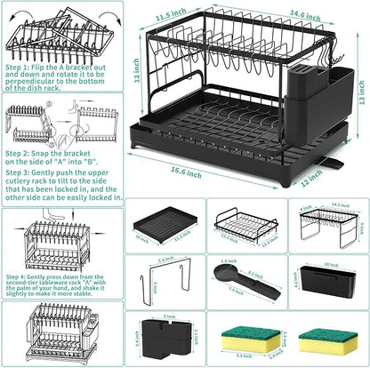 XLMYS Dish Drying Rack, 2 Tier Large Dish Drying Rack for Kitchen Counter with Drainboard Stainless Steel Dish Drainer for Dish/Knifes/Cup/Cutting Board, Black
