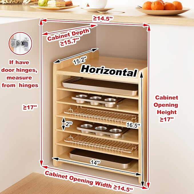 Sawjut 7 Tier Wooden Tray Dividers for Cabinets Cookie Sheet Organizer for Pot, Pans, Baking Tray Organizer for Kitchen Documents Storage(14" W x 16.5" H x 15.2" D)