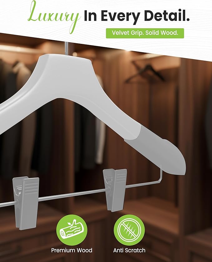 All Hung Up Hangers - Wooden Hangers with Clips for Women, Solid Wood Skirt & Suit Hangers, Heavy-Duty Adjustable Non-Slip Design with Velvet Grip, White with White Velvet, 12 pcs