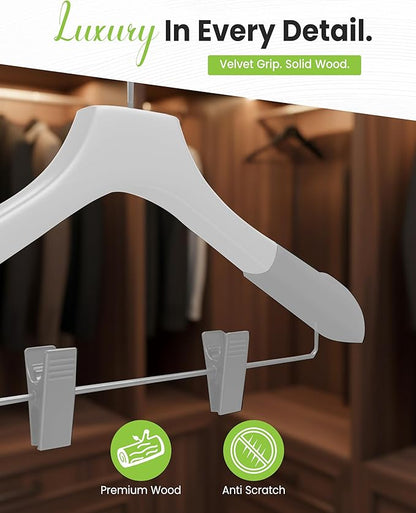 All Hung Up Hangers - Wooden Hangers with Clips for Women, Solid Wood Skirt & Suit Hangers, Heavy-Duty Adjustable Non-Slip Design with Velvet Grip, White with White Velvet, 6 pcs
