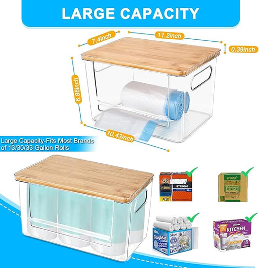 Riian Trash Bags Dispenser, Trash Bag Holder, Stackable Garbage Bag Holder with Bamboo Lid, Acrylic Storage Container for Under Sink, Laundry Room Organization and Storage (1 Pack)