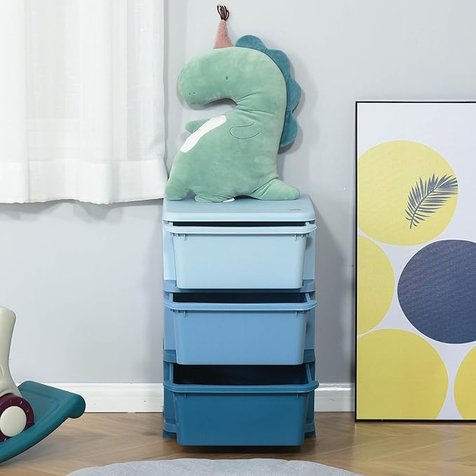 Qaba 3 Tier Kids Storage Unit, Toy Organizers and Storage with 3 Drawer Chest for Kids Bedroom Nursery Kindergarten Living Room for Boys Girls Toddlers, Blue