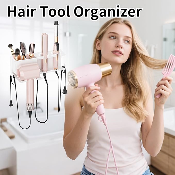 MAYZOLOP Hair Dryer Holder, Hair Tool Organizer, Blow Dryer Hanger Wall Mount for Dryer Hook, Bathroom Space-Saving Blow Dryer Organizer, Curling Irons Storage Wall Mounted White
