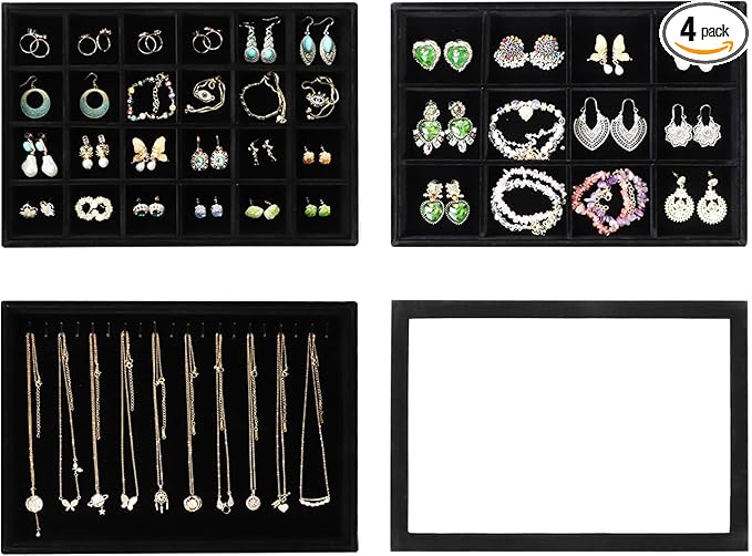 Wudygirl Jewelry Organizer Set of 4 Jewelry Tray with Lid Velvet Jewelry Box Jewelry Storage for Earring Necklace Ring Display Bracelet Holder Stackable (Black)