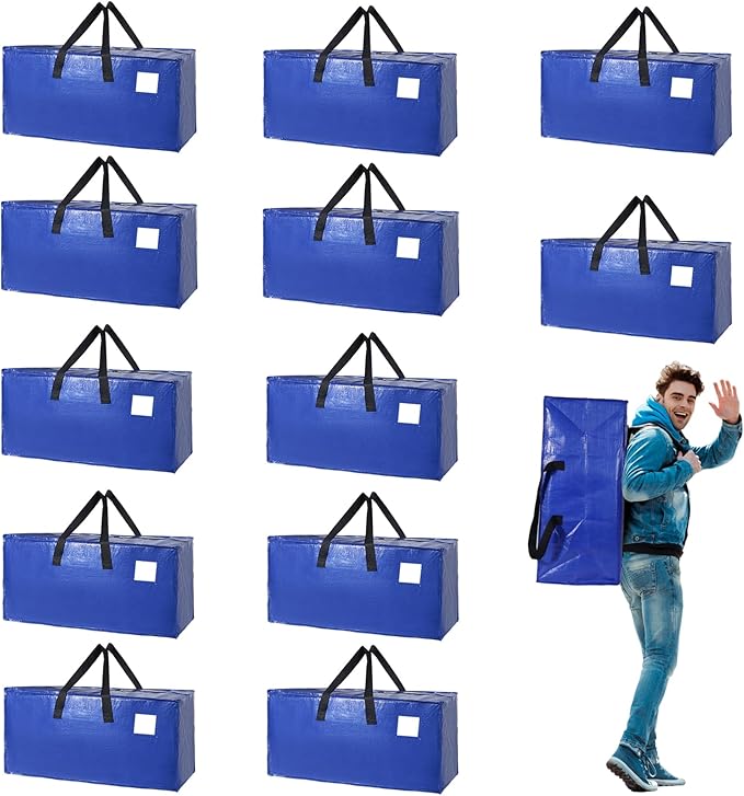 12 Pack Moving Bags Heavy Duty Extra Large Storage Bags with Zippers, Handles, Backpack Straps Packing Bag for Moving College Dorm Room Essentials, Camping, Travel, Clothes 93 L 25 Gallons (Blue)