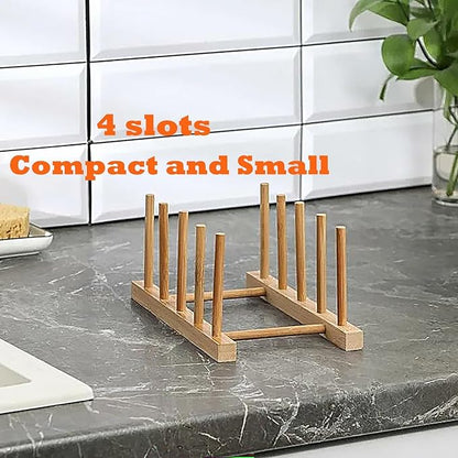 Yuixoseu 4 Pcs Bamboo Wooden Dish Rack, Plate Organizer for Cabinet Space Saver and Kitchen Counter, Bowl/Cup/Pot Lid/Cutting Board Drying Holder (4 Slots)