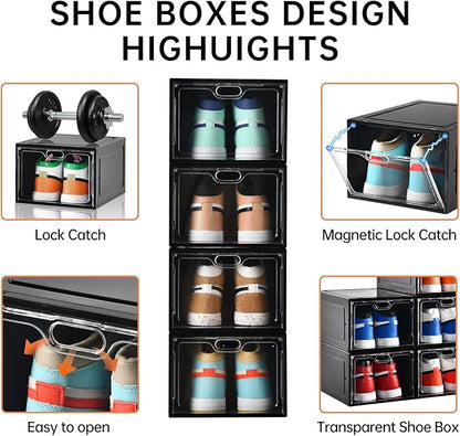 INSTY 12 Pack Large Shoe Storage Box, Clear Shoe Storage Organizer with Magnetic Door, Stackable,Shoe Containers For Display Sneakers, Easy Assembly, Fit up to US Size 12, Black