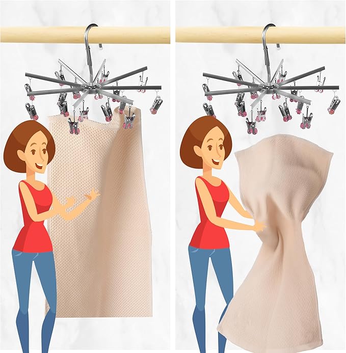 Drying Hanger, Hanging Drying Rack, Drip Hanger Stainless Steel with 16 Pegs for Laundry Underwear Socks, Quickly Remove Clothes from Hanger, Windproof, Folding Portable, (Red)