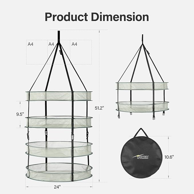 iPower 2 Feet 4 Layer Herb Drying Rack Hanging Foldable Dry Net with Heavy Duty Rings and Carrying Bag, for Plants, Seeds, and Buds, Green