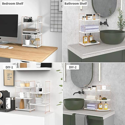 kaileyouxiangongsi Plastic/Metal Freestanding Stackable Organizer Shelf,Bathroom Countertop Storage Shelf Cosmetic Organizer Holder Kitchen Spice Rack,3-Tier Standing Rack (Rose Gold)