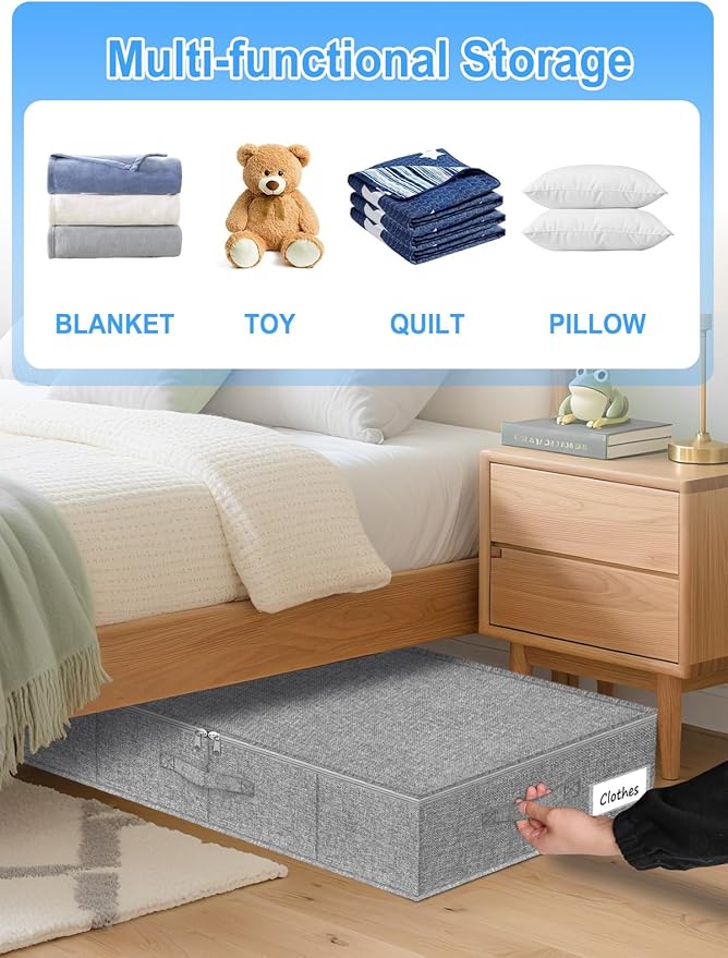boailydi Under Bed Storage Container, 7" Tall Underbed Storage Bin with Rigid Sides & Bottom, Large Under-Bed Clothes Organizer with Zippered Lid for Bedroom, Dorm, Sofa, 30x15x6.7, Grey