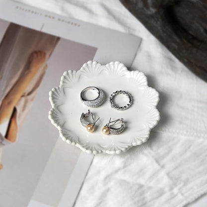 Ceramic Jewelry Dish, Decorative Tray for Rings Earrings Necklaces Bracelet Watch Keys, 4.50" Trinket Tray as Gifts for Women (White Shell)